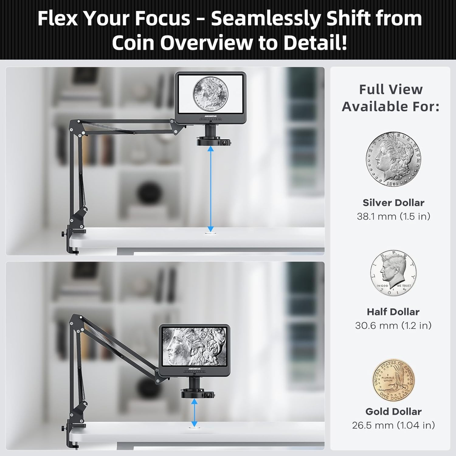 AD109 Digital Microscope with 10.1″ Screen for Adults, Flexible Boom Arm Stand S