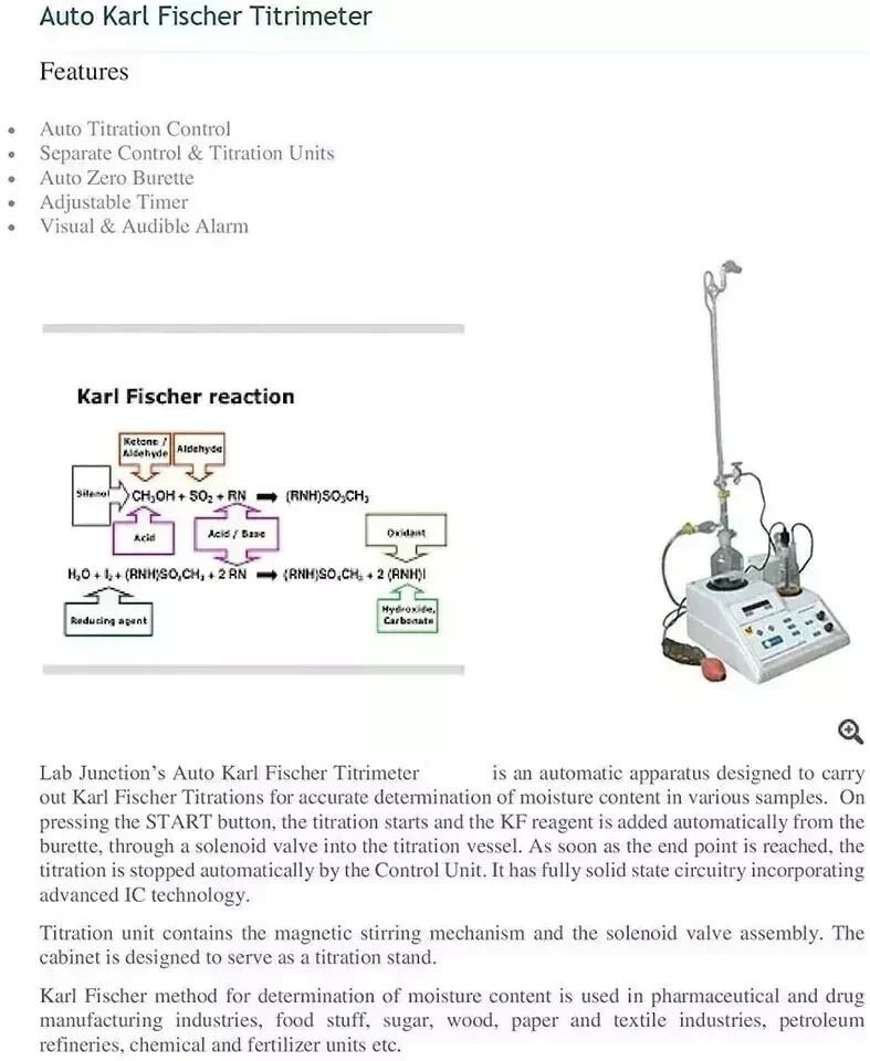 Auto Karl Fischer Titrimeter Titrator Moisture Tester 230V AC 50 Hz