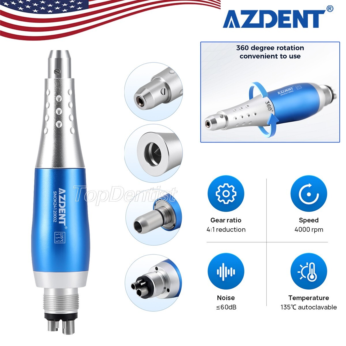 Dental Hygiene Prophy Handpiece Air Motor 4Holes+4:1 Straight Cone 360°Swivel