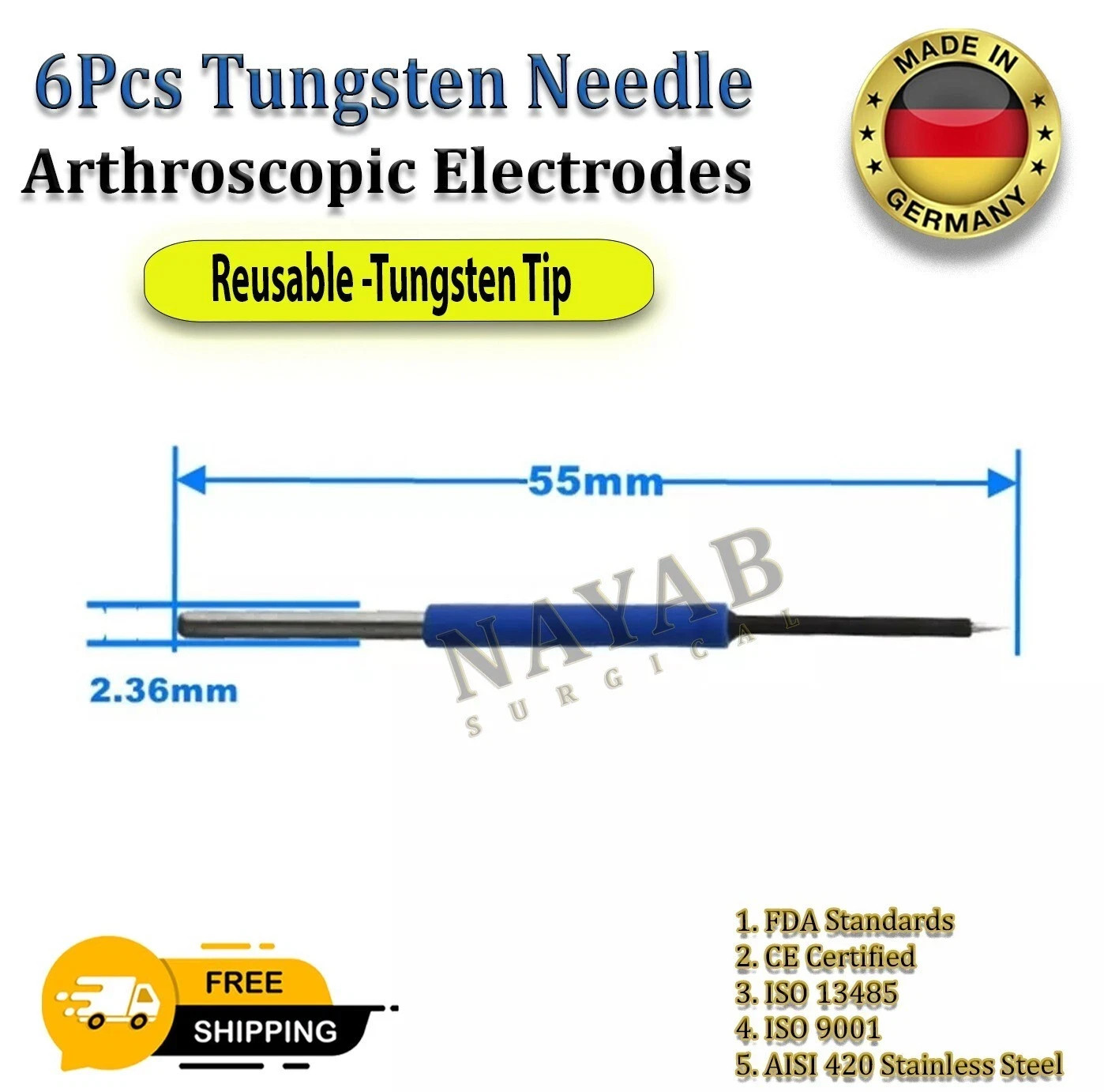 6Pcs Tungsten Needle Arthroscopic Electrodes Electrosurgical Cautery Tips 55mm