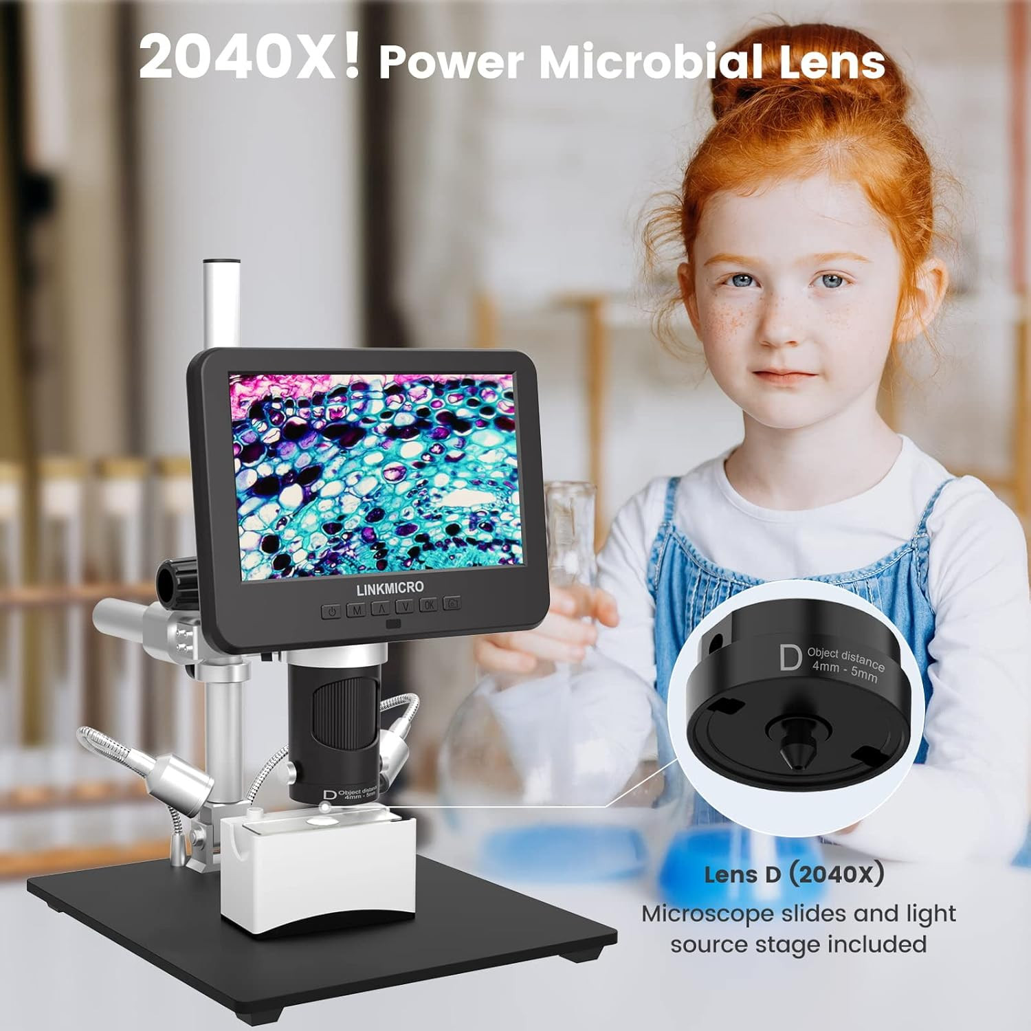LM246MS 3 Lens 7 Inch HDMI Digital Microscope 2000X for Soldering with 13” Arm