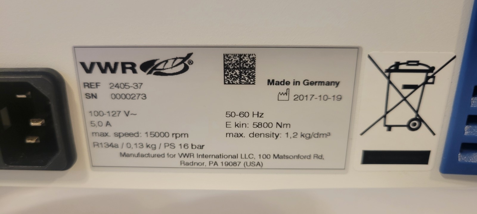 VWR Refrigerated Centrifuge 2405-37 16,000 RPM Max 24 X 1.5/2.0ml Volume