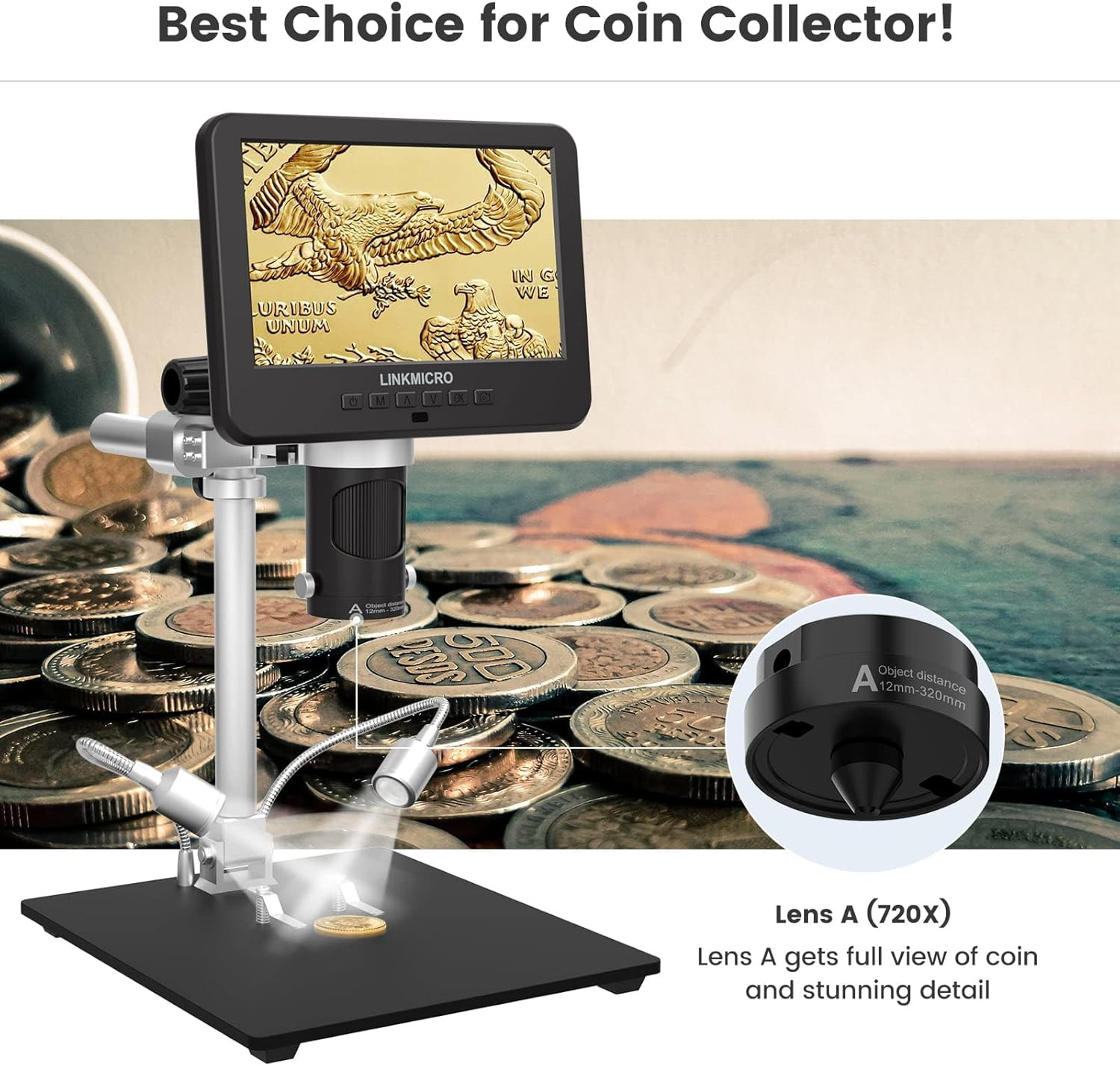 LM246MS 3 Lens 7 Inch HDMI Digital Microscope 2000X for Soldering with 13” Arm