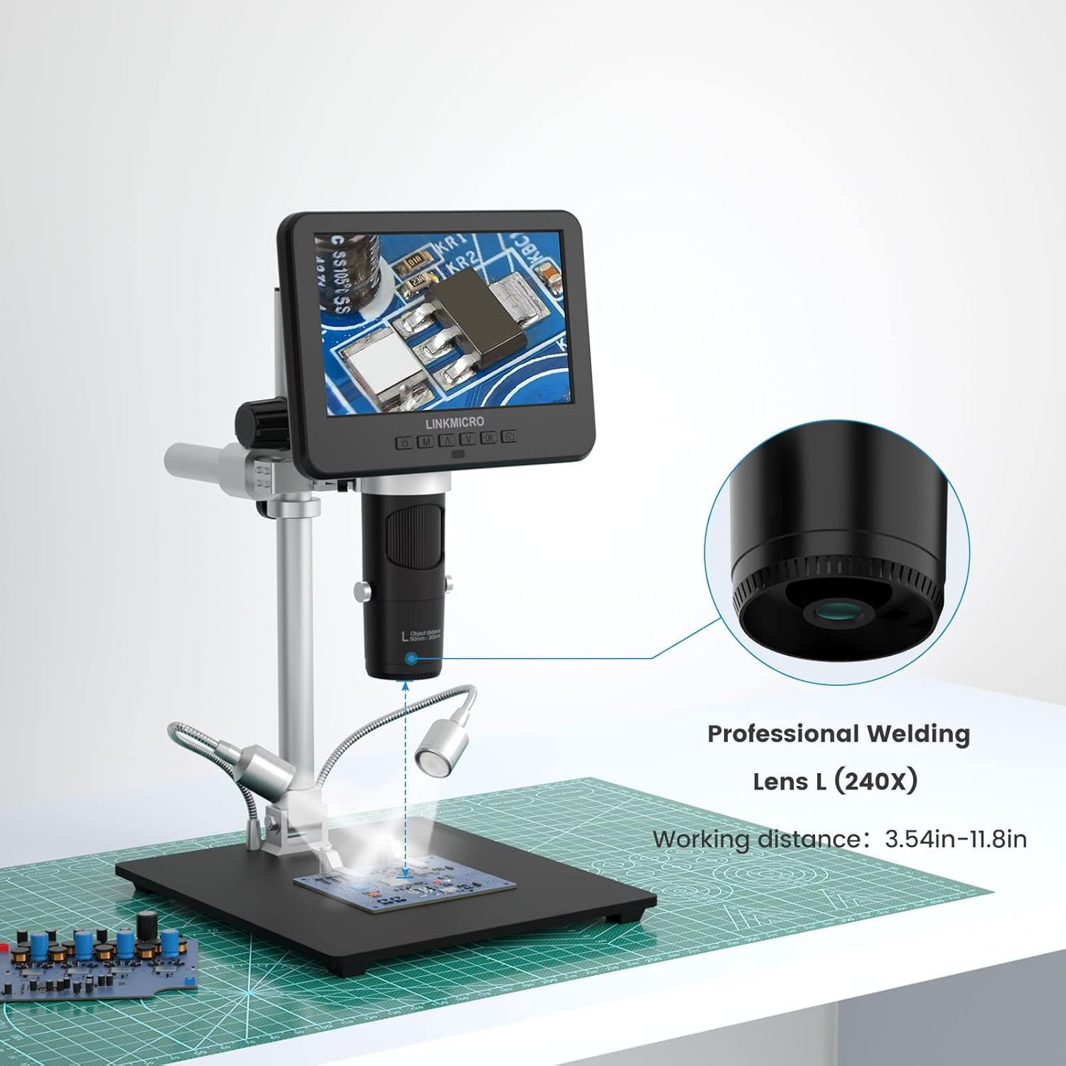 LM246MS 3 Lens 7 Inch HDMI Digital Microscope 2000X for Soldering with 13” Arm