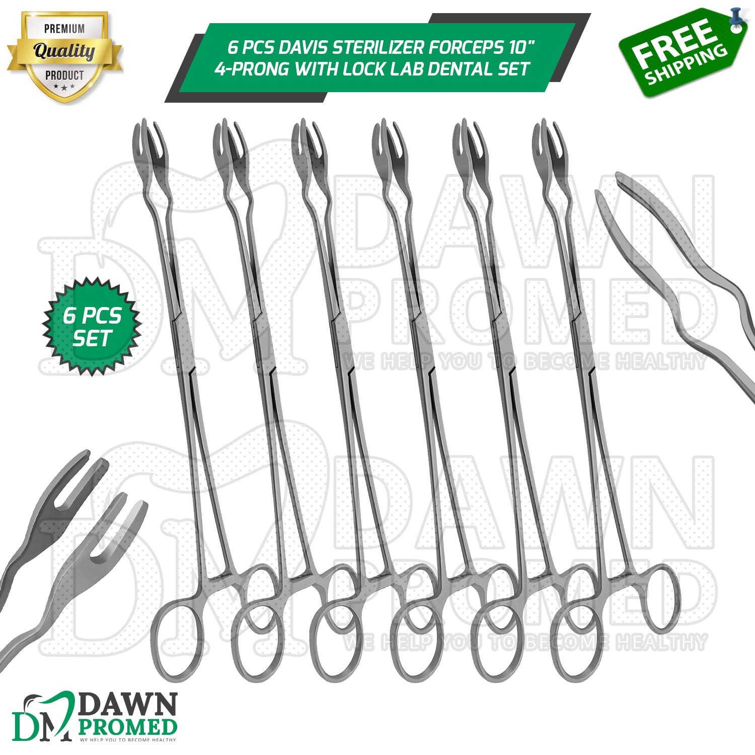 6 Pcs Davis Sterilizer Forceps 10″ 4-Prong With Lock Lab Dental Surgical Set