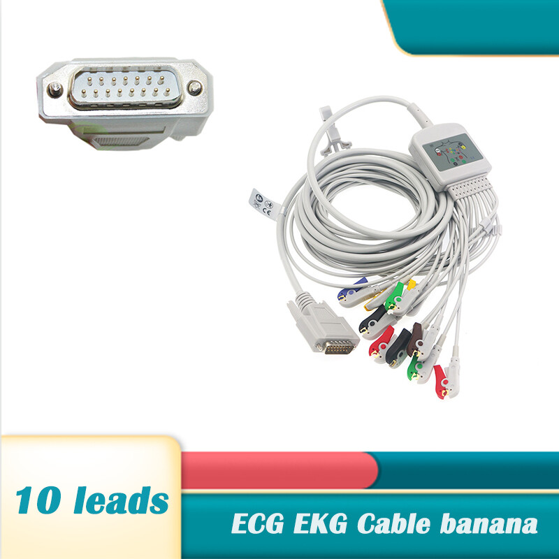 10-Lead 15Pin ECG Lead Wire EKG Cable Banana/Clip Fit for Nihon Kohden1350A 2.5m