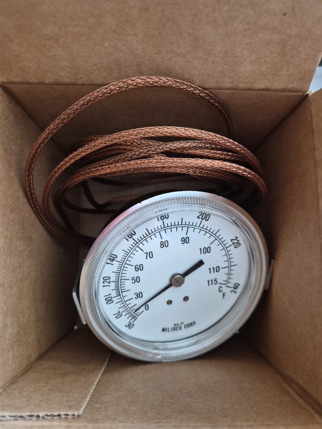 Miljoco Thermometer 30-240F , 3-1/2″ Dial, 7′ Braided Copper Capillary, NOS.