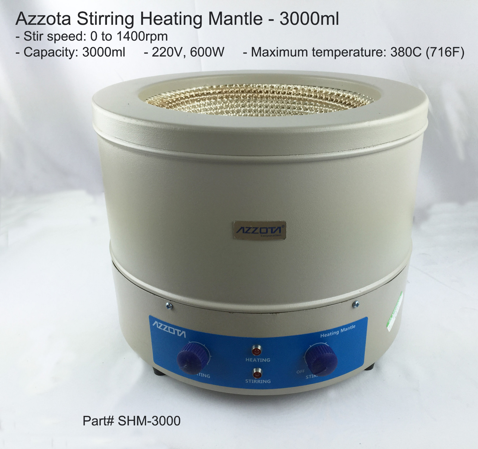Azzota® Stirring Heating Mantle, 3000ml, 220V, 600W, 0 to 1400rpm