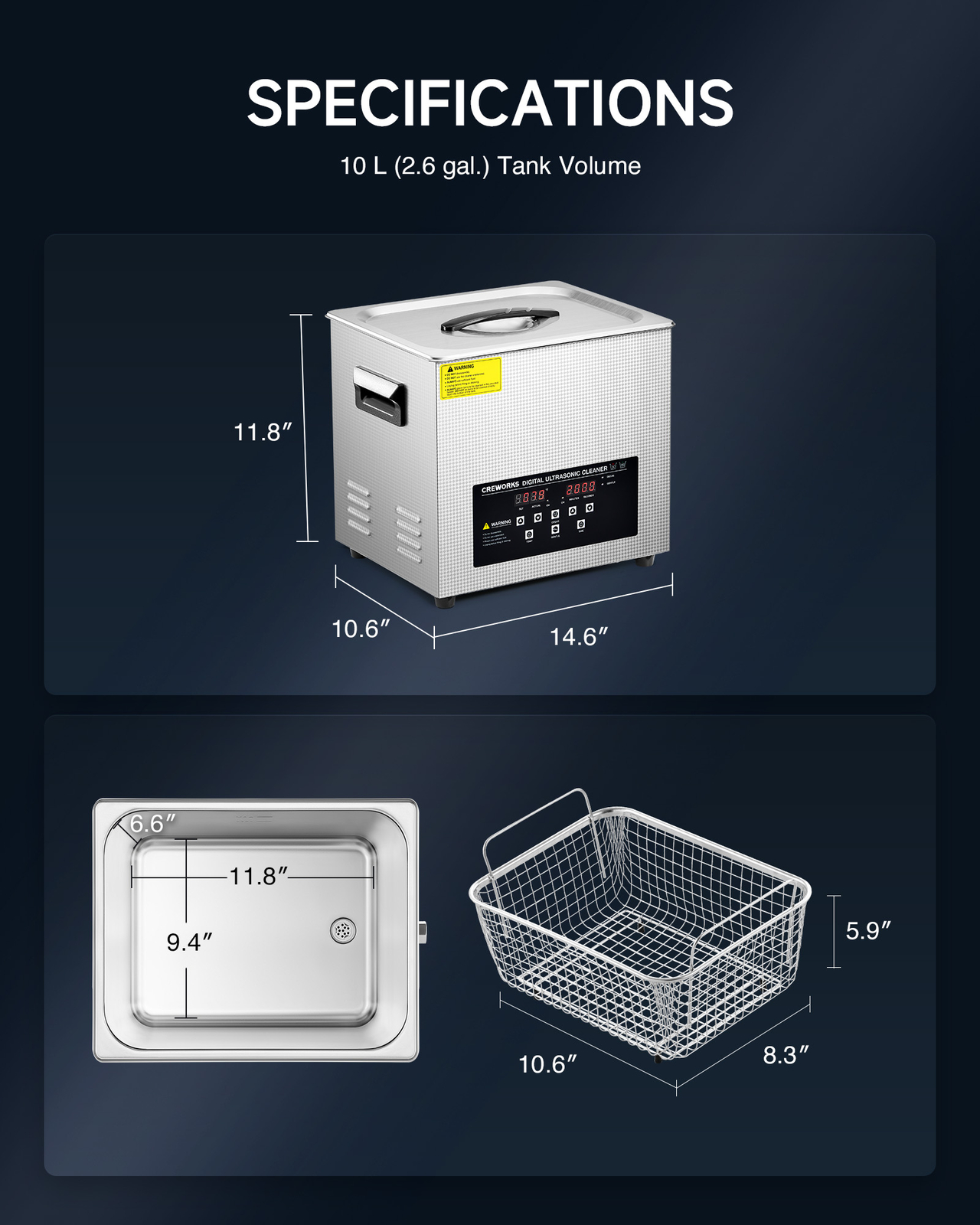 CREWORKS Stainless Steel 10L Liter Industry Ultrasonic Cleaner w/ Timer & Heater