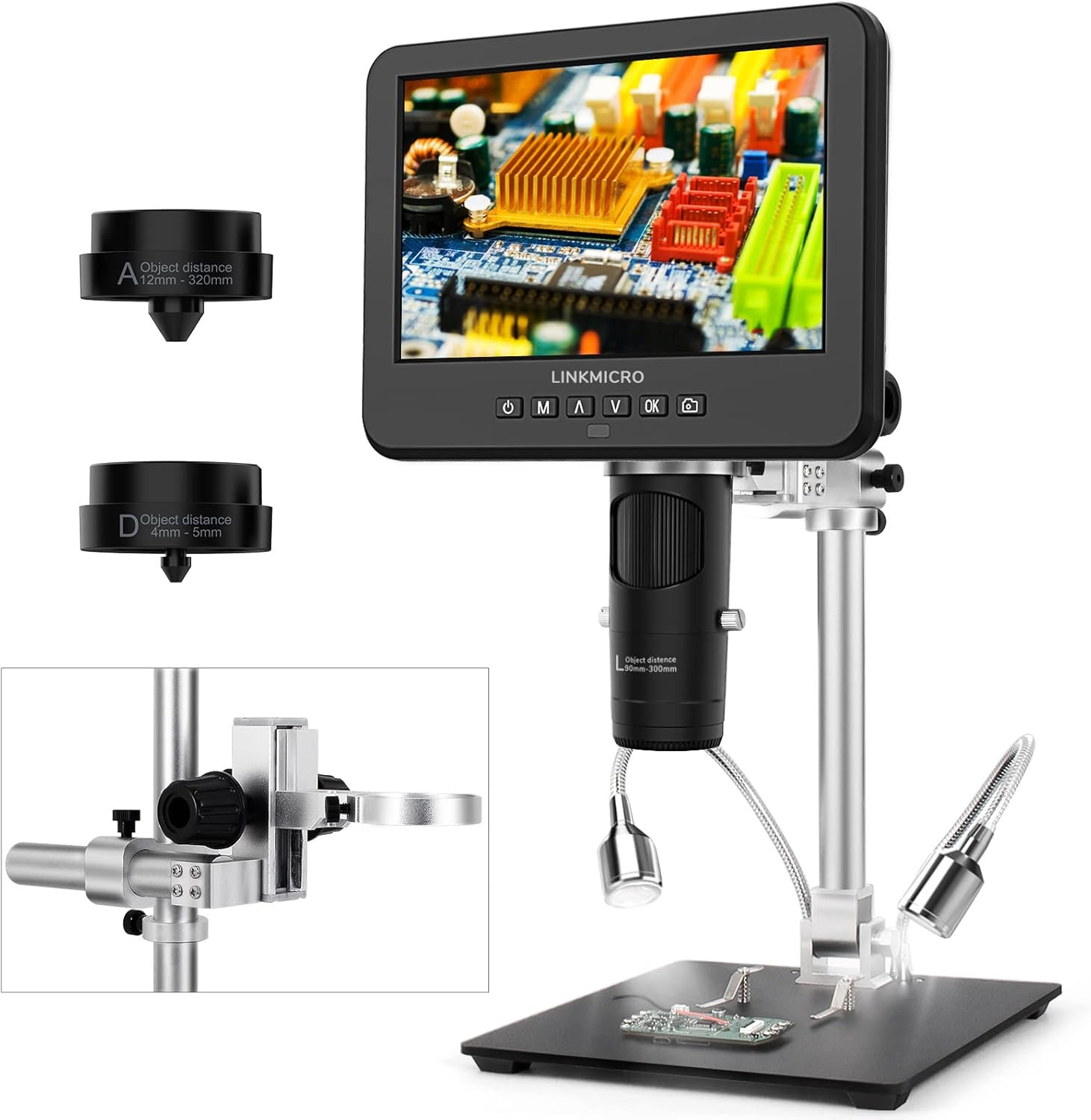 LM246MS 3 Lens 7 Inch HDMI Digital Microscope 2000X for Soldering with 13” Arm