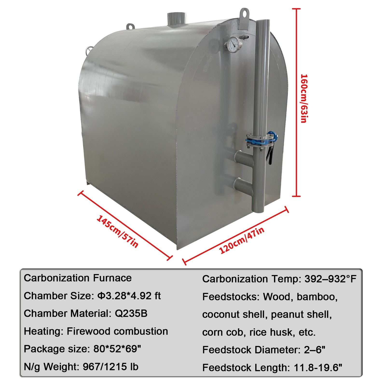 Horizontal Carbonization Furnace (Φ1*1.5m/ 3.28*4.92ft, 200-500℃/ 392-932℉)