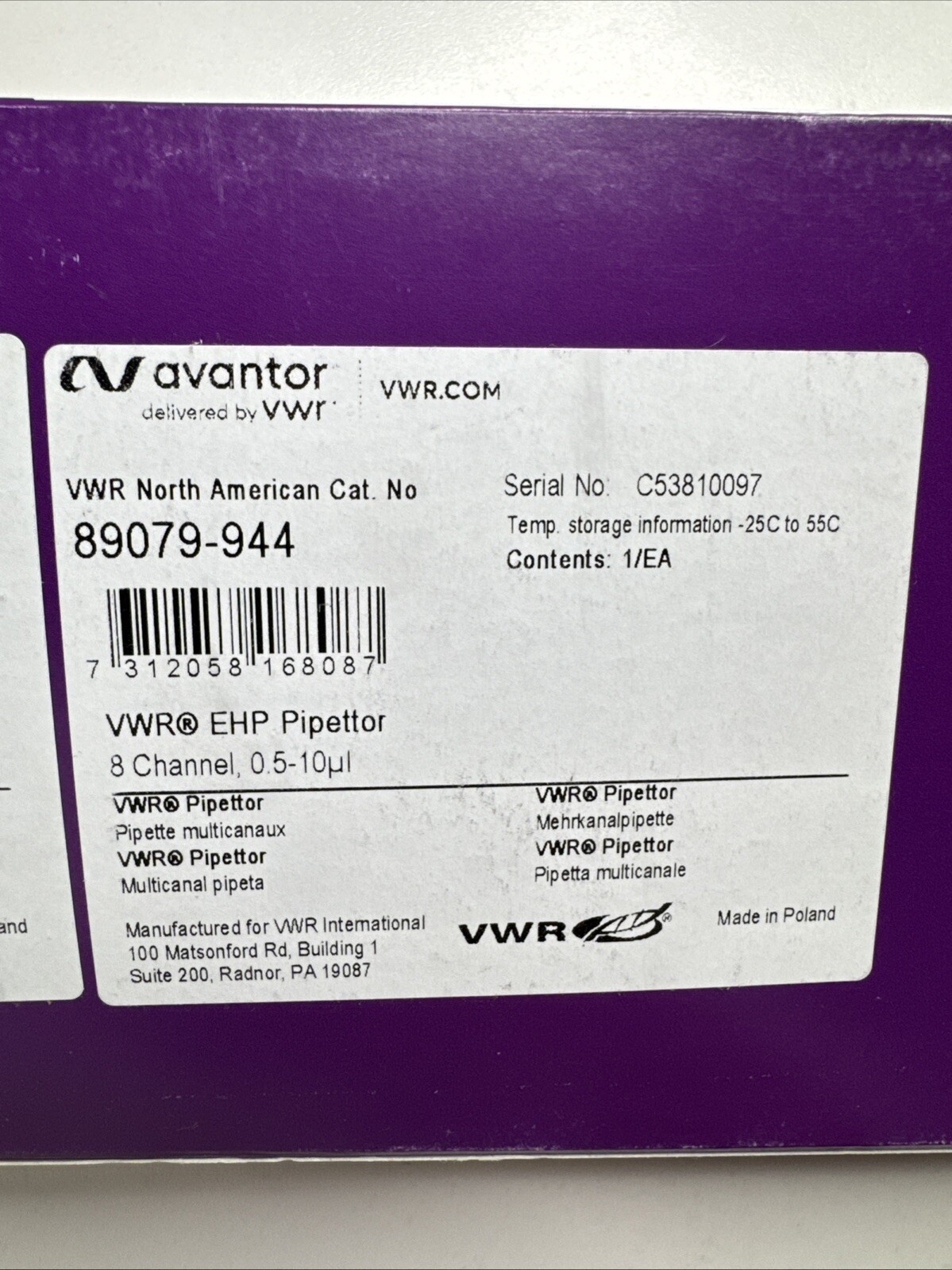 VWR Signature EHP Eight Channel Pipettor Variable 0.5-10ul 89079-944 Brand New