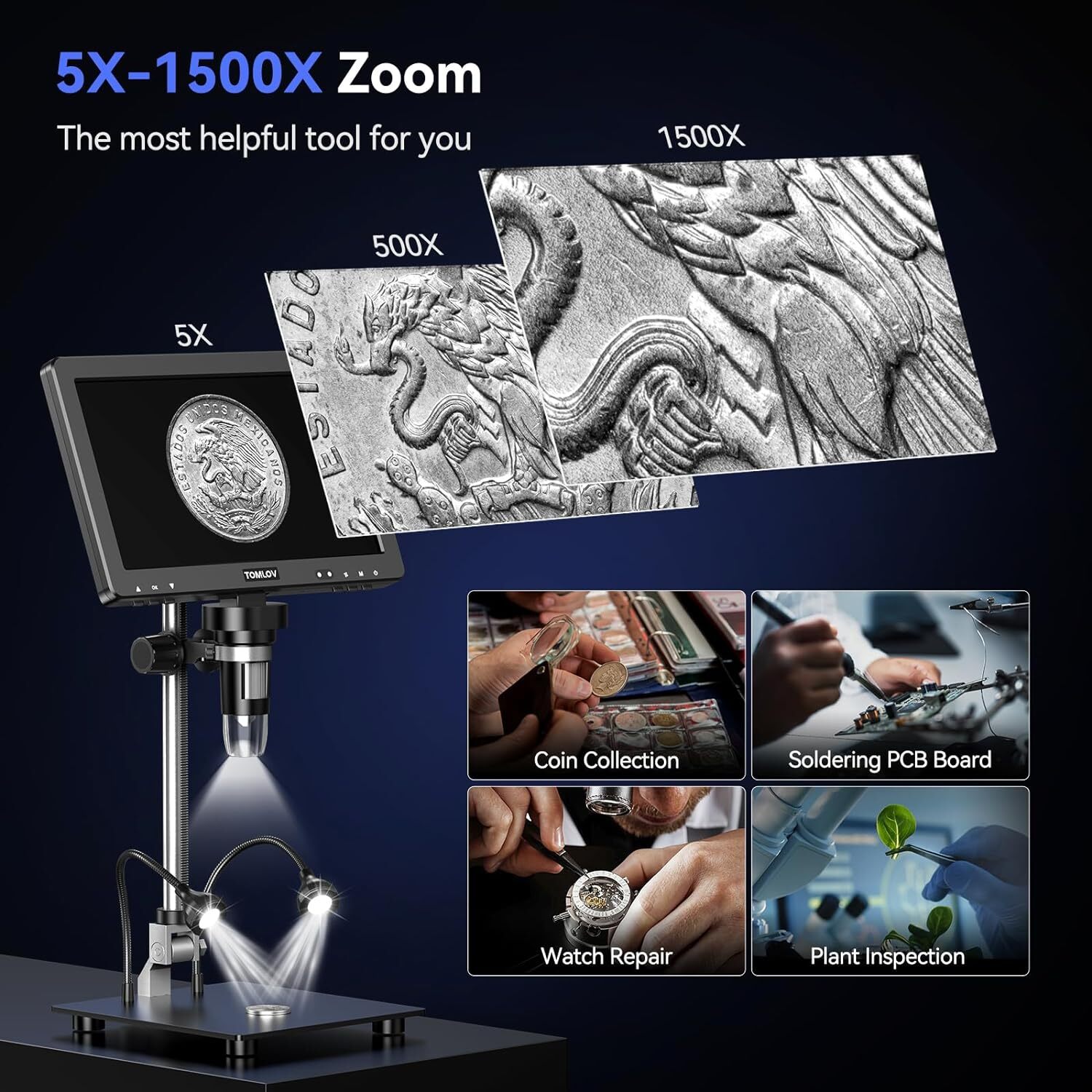 TOMLOV DM9 Max Digital Microscope HDMI 10″ 1500X Magnifier 20MP Coin Microscope