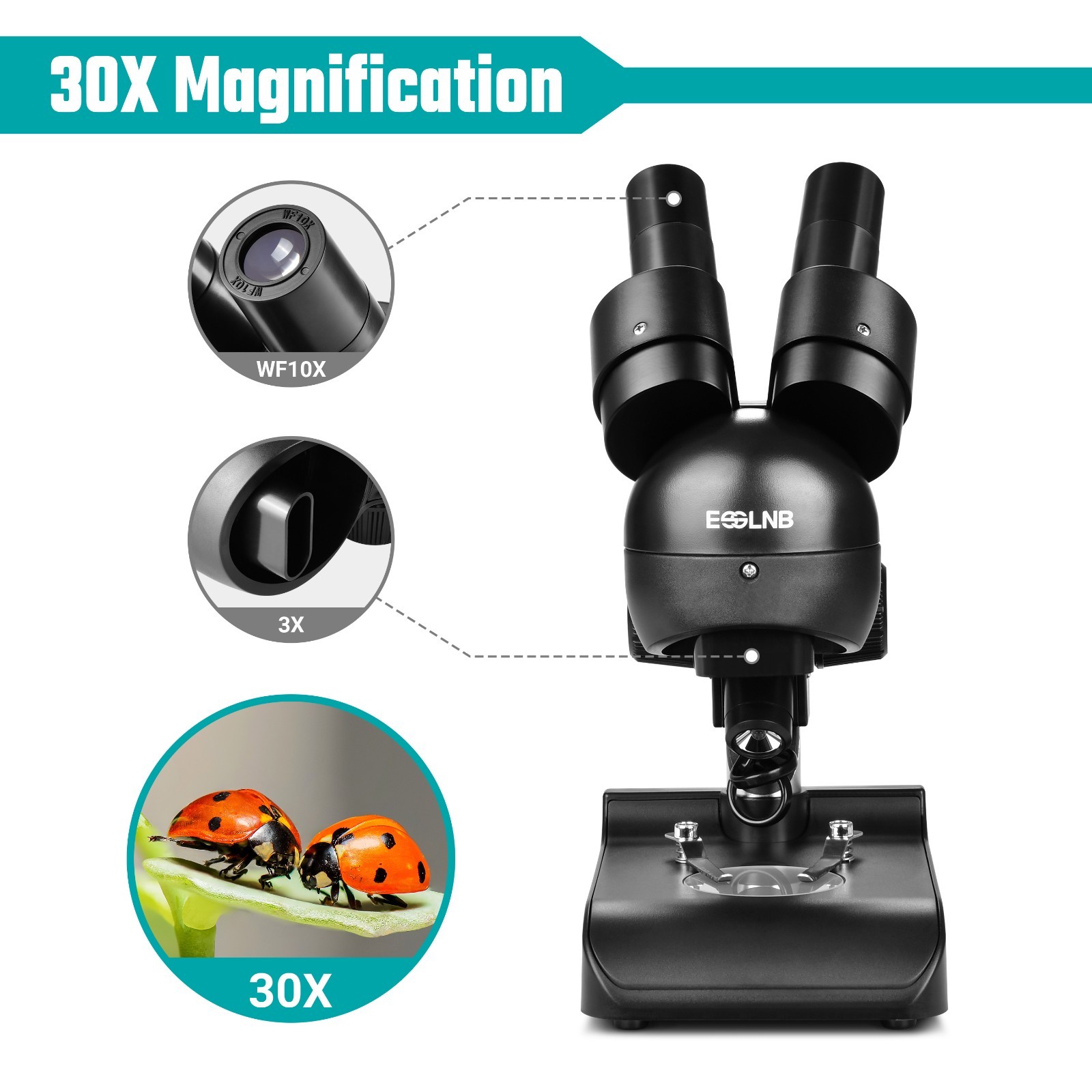 Portable Biological Microscope with 10x Eyepieces 3XObjectives 30X Magnification