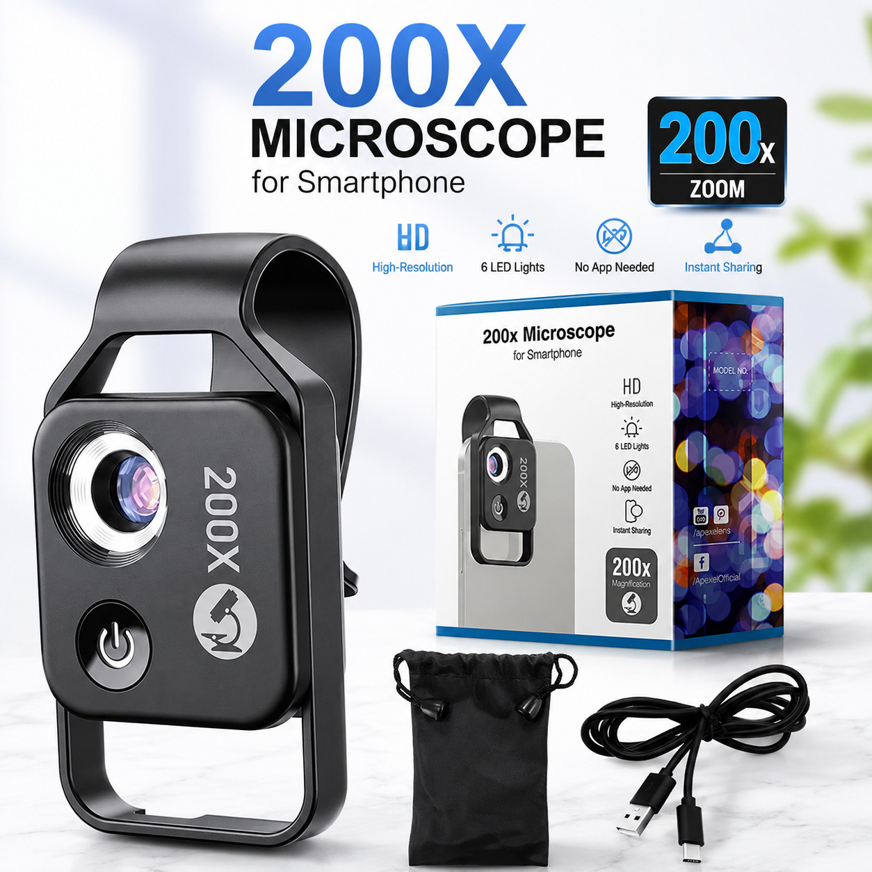 200X Phone Microscope Lens for iPhone Android with LED Light CPL Universal Clip
