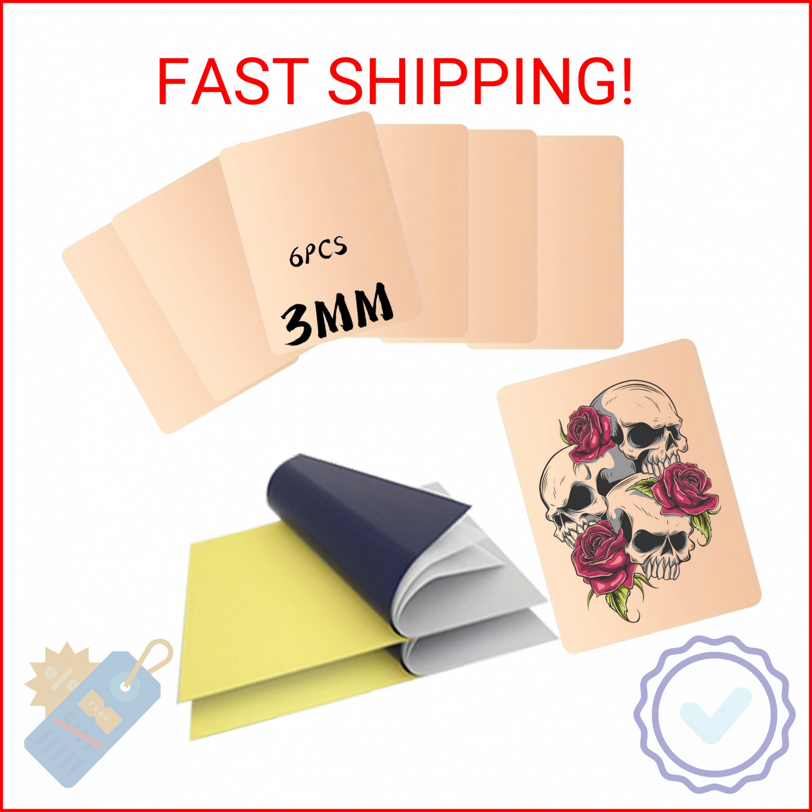POSEIDON 3MM Tattoo Practice Kit – 6Pcs 5.9″x7.8″ Fake Skin & 20Pcs A4 Transfer