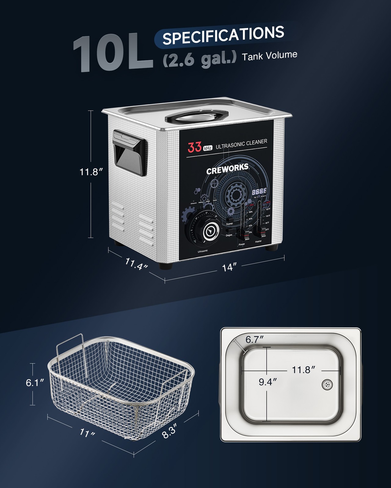 CREWORKS 33kHz 10L 240W Ultrasonic Cleaner with Degas & Gentle Modes 300W Heater