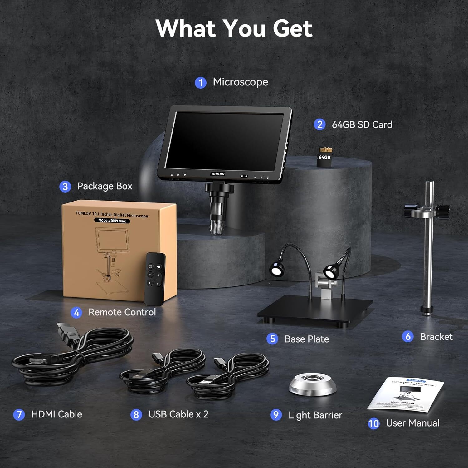 TOMLOV DM9 Max 10″ HDMI Digital Microscope 24MP Coin Microscope 1500X Magnifier