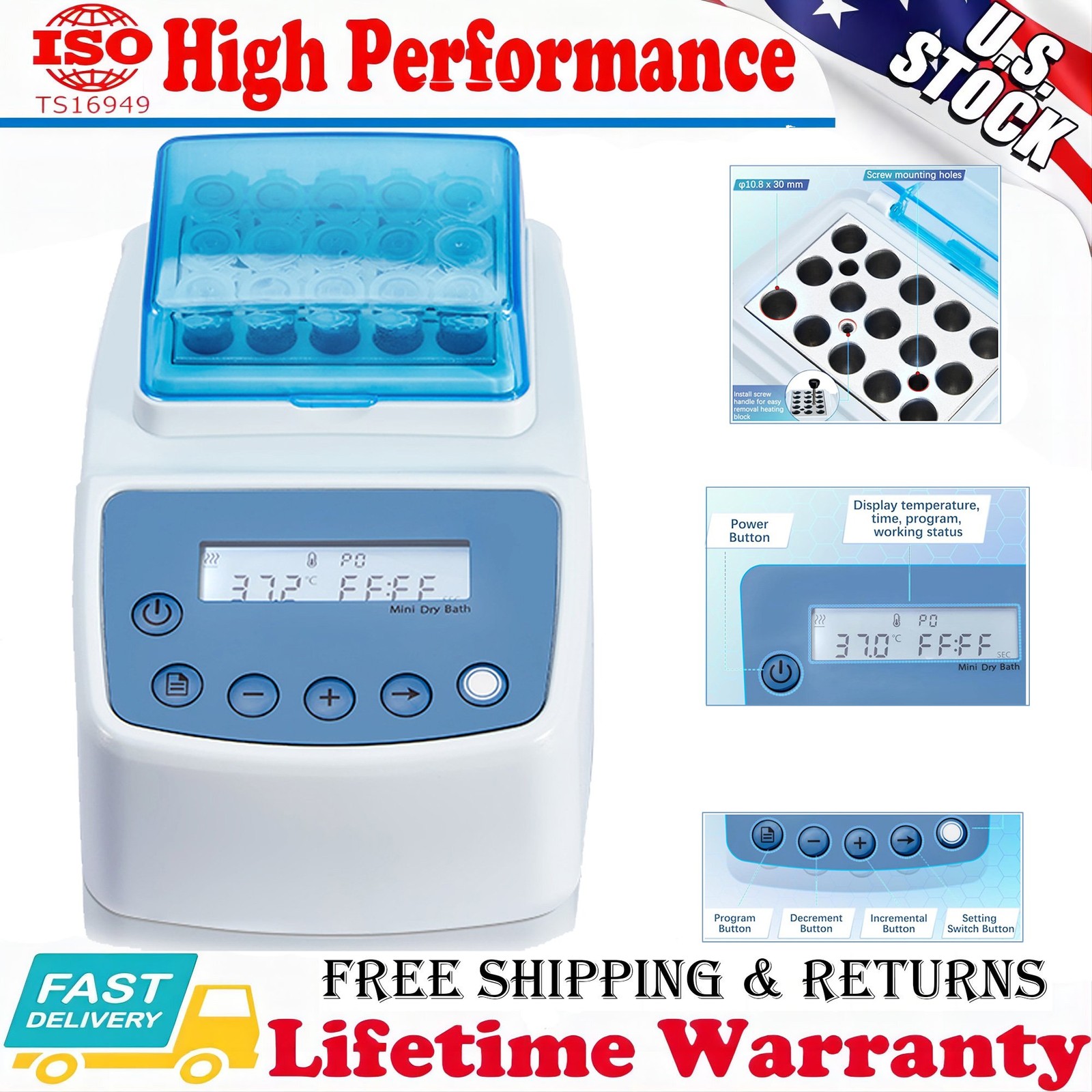 US Dry Bath Incubator 15×1.5ml Aluminium Heating Block LCD Display Timer Control