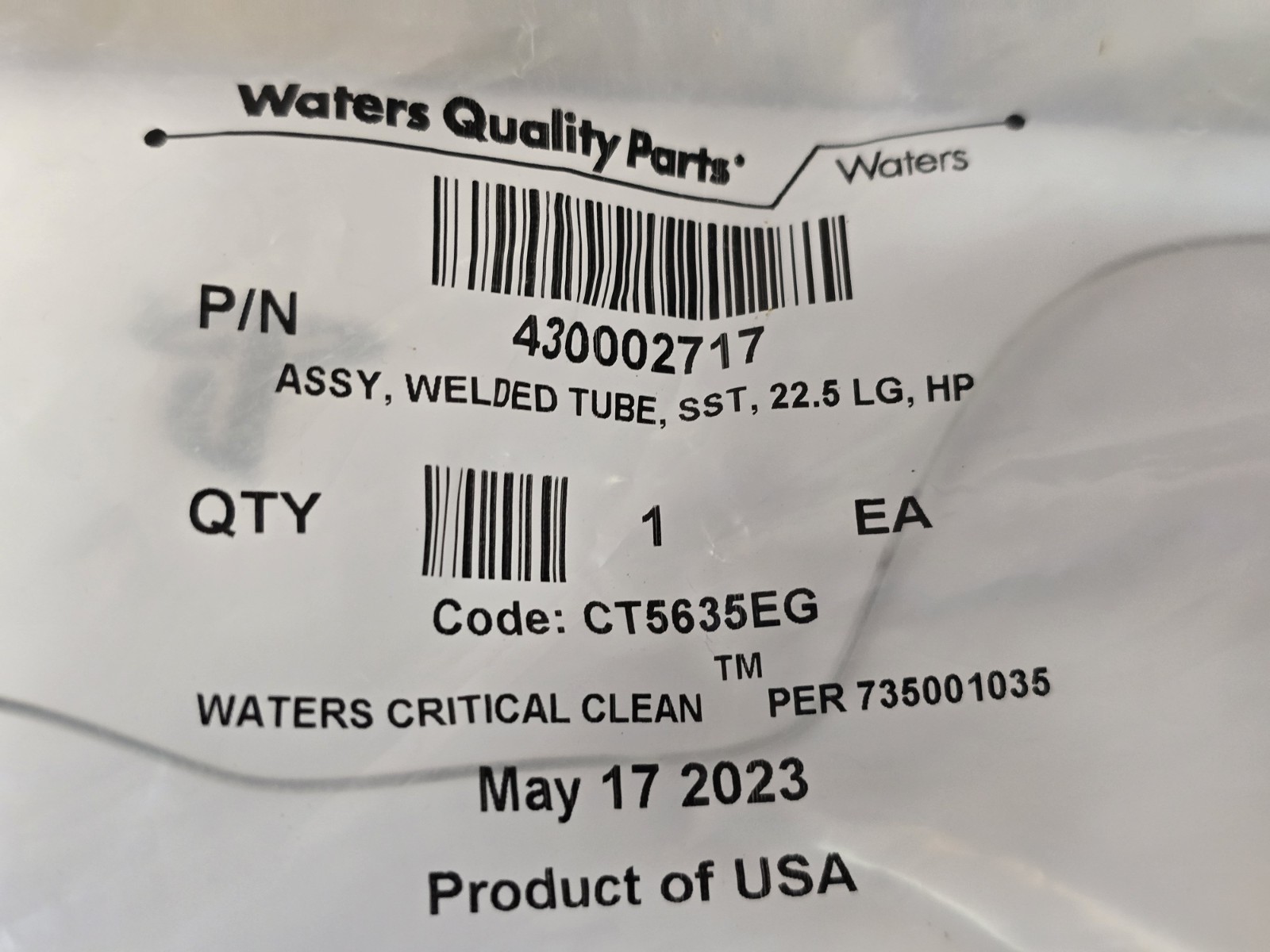 Waters 430002717 Welded Tube SST 22.5 LG HP