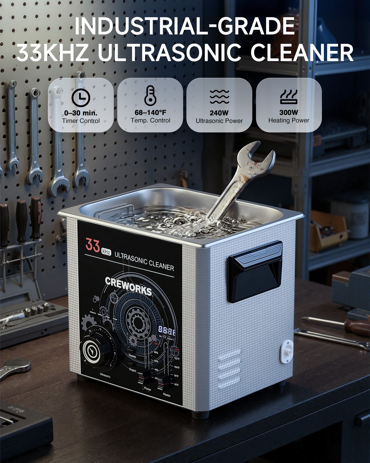 CREWORKS 33kHz 10L Ultrasonic Cleaner with Degas Gentle Modes Adjustable Timer