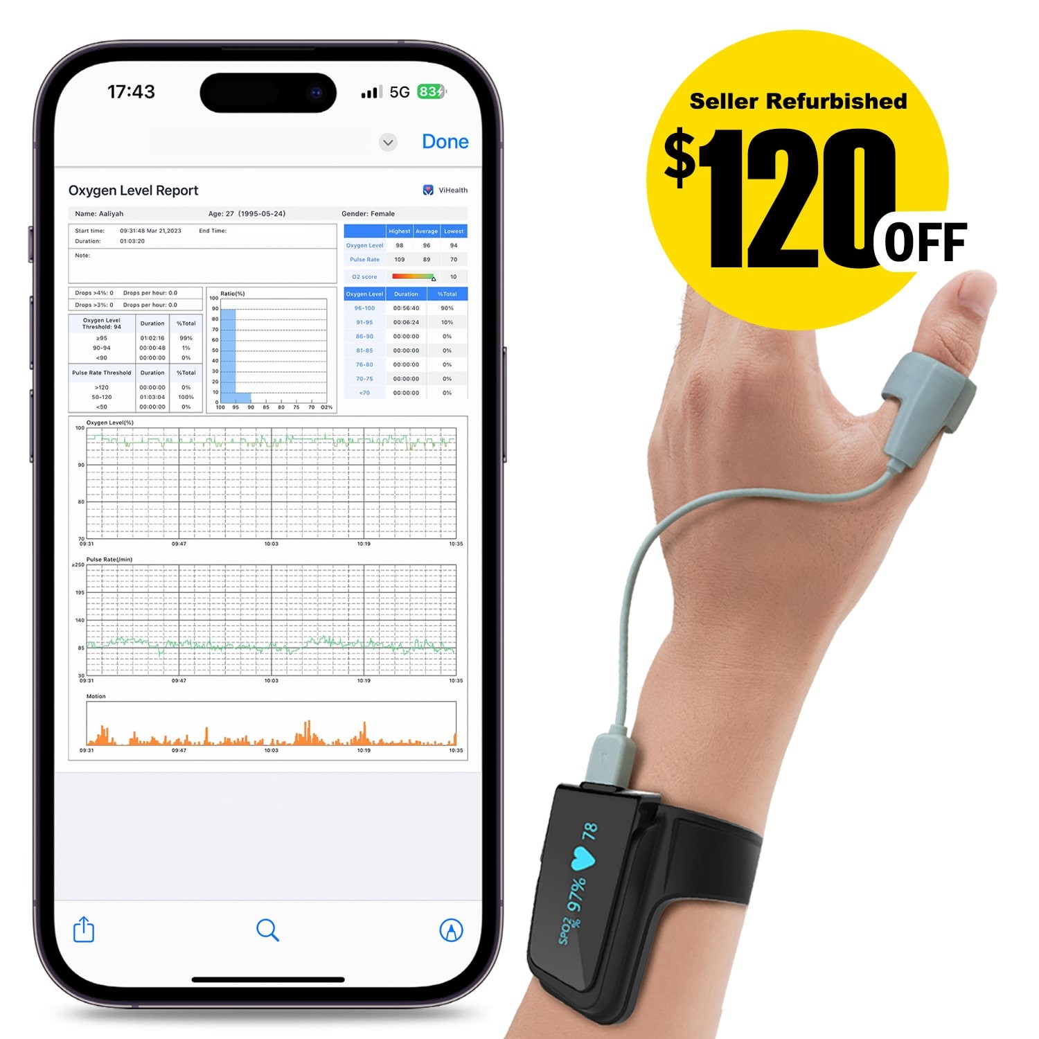 Wellue O2 Max with O2 Ring Probe 72 Hours Continuous Pulse Oximeter Dual alarm