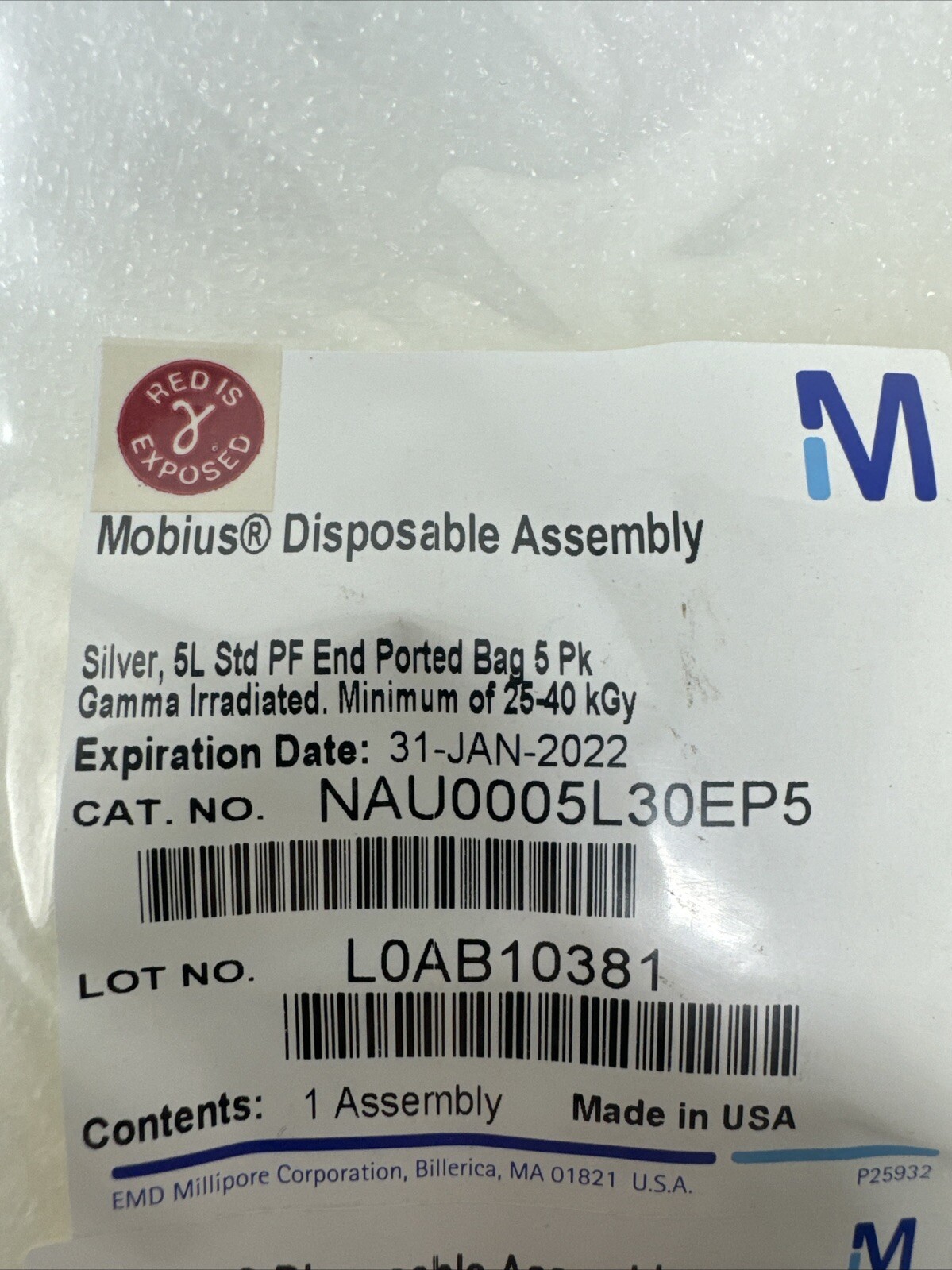 Millipore Mobius Disposable Assembly NAU005L30EP5 PACK OF (5) SILVER 6L EXPIRED