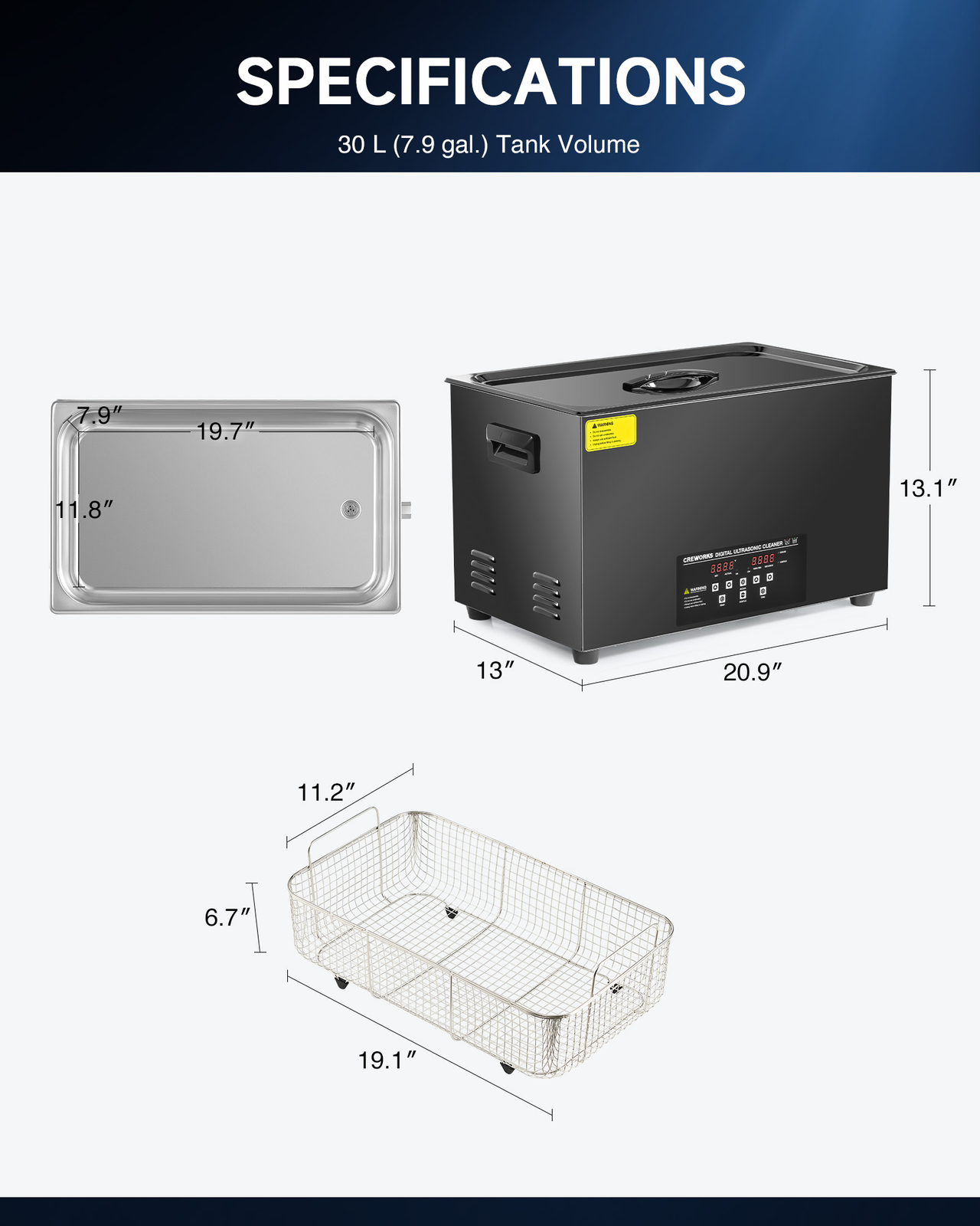 CREWORKS 30L Ultrasonic Cleaner Titanium Steel 1200W Heater w/ Degas & 2 Modes