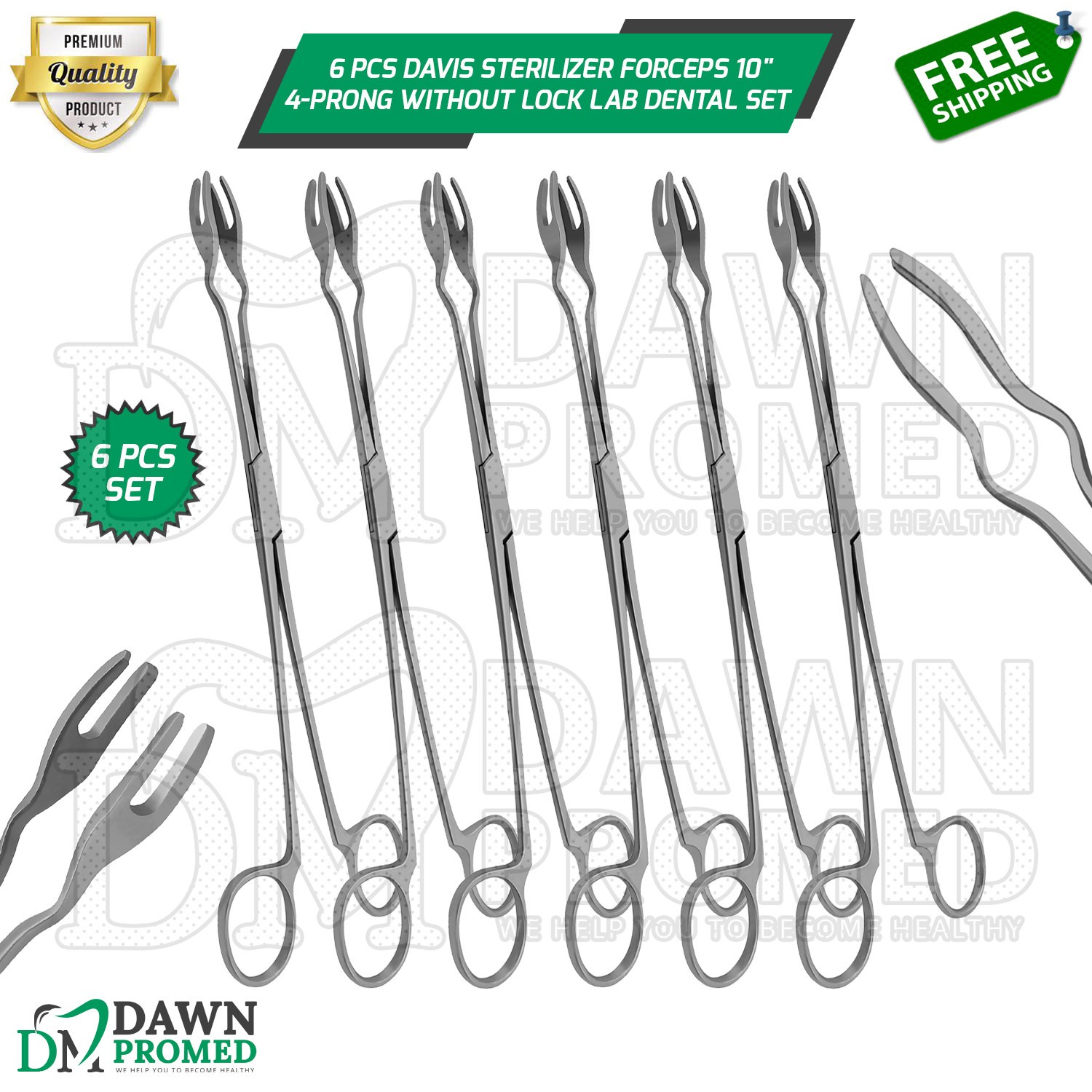 6 Pcs Davis Sterilizer Forceps 10″ 4-Prong Without Lock Lab Dental Surgical Set