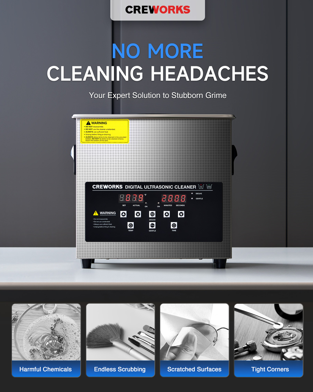 CREWORKS Ultrasonic Cleaner 3L Stainless Steel Industry Heated Heater w/Timer