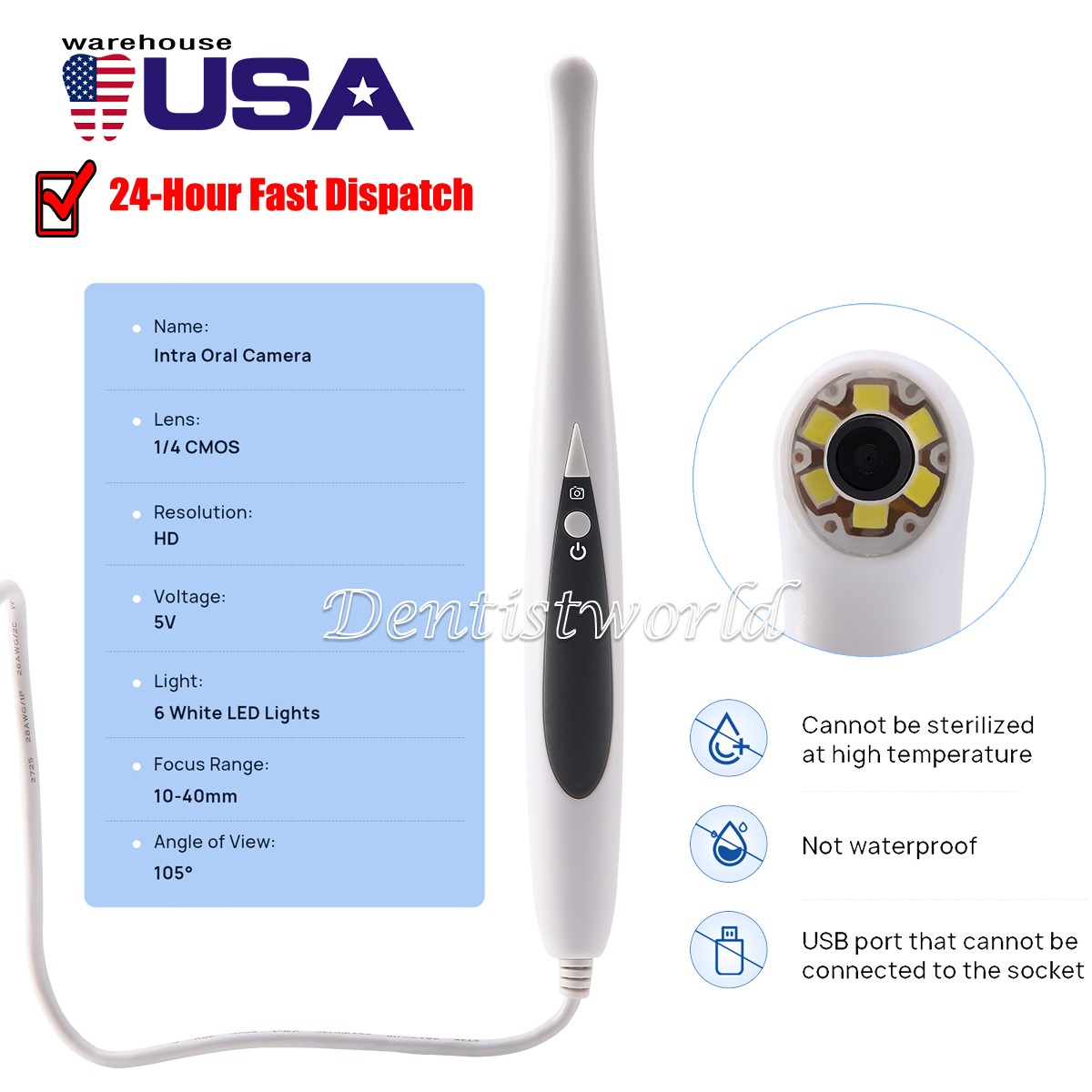 Cámara Intraoral Digital Dental 6 LED USB con Autoenfoque, Endoscopio Oral