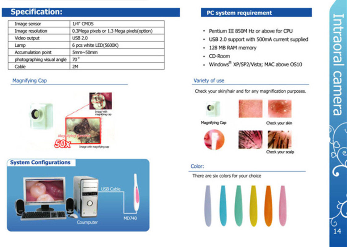 Dental 1.3 Mega Pixels USB 1/4″ CMOS Mini Intraoral Oral Camera 6pcs White LEDs