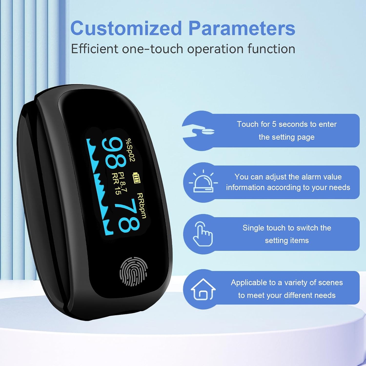 Rechargeable pulse oximeter with respiration, with O2 Pulse Rate PI RR Respirato