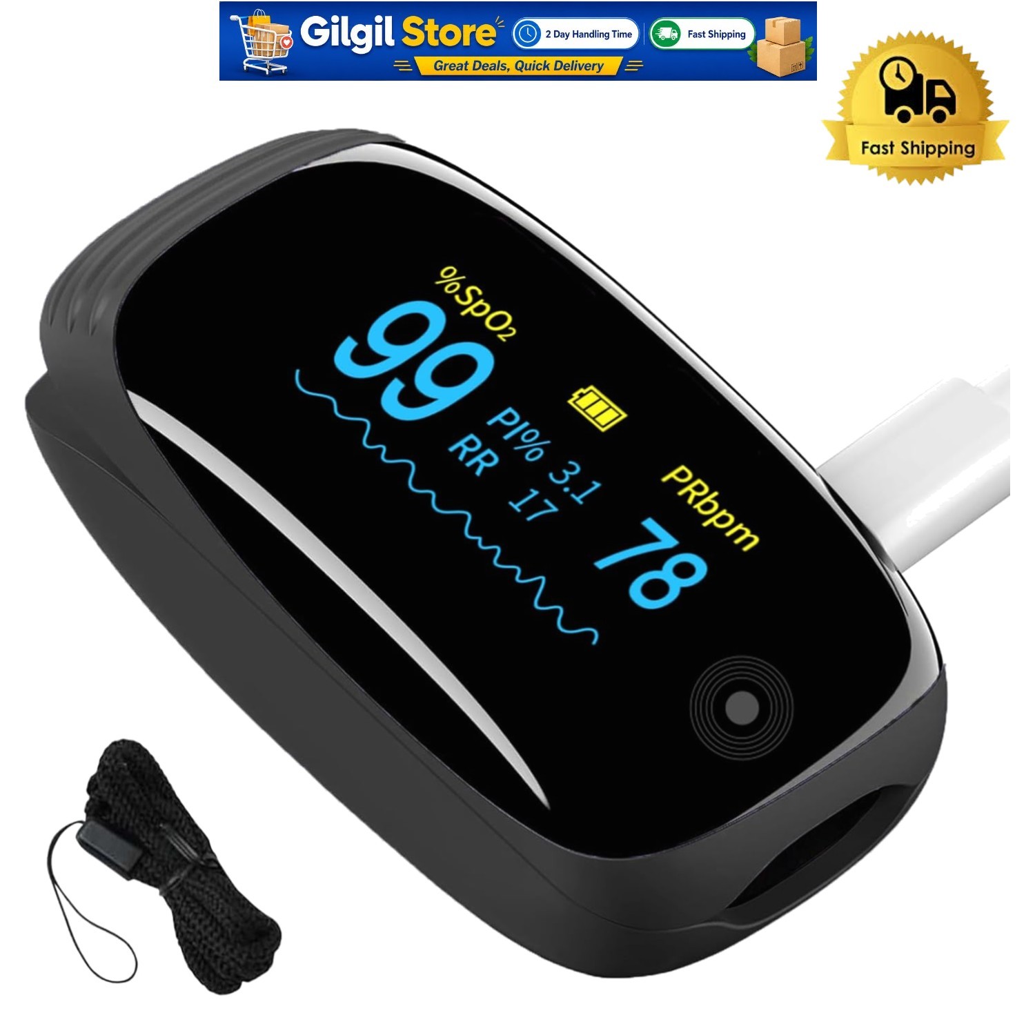 Rechargeable Fingertip Oximeter with Respiration Rate Monitor for Sports & Home