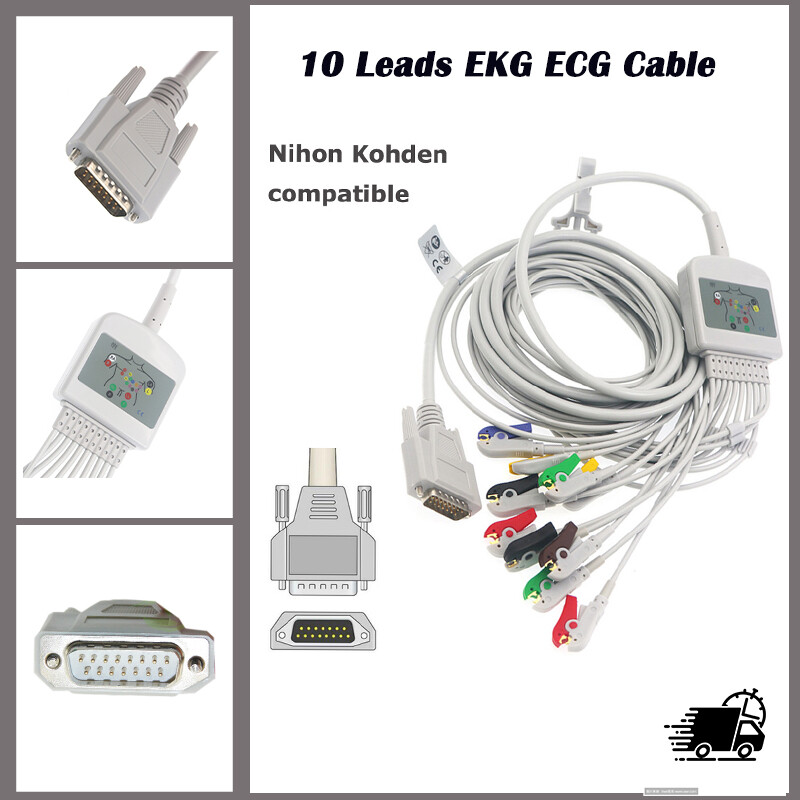 10 Lead ECG Lead Wire EKG Cable Banana/Clip Compatible Nihon Kohden 2.5m 15Pin