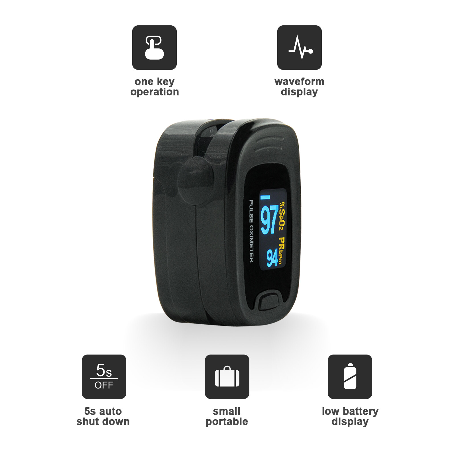 black Blood Oxygen Meter Fingertip Pulse Oximeter SPO2 Sensor Pulse Heart Rate