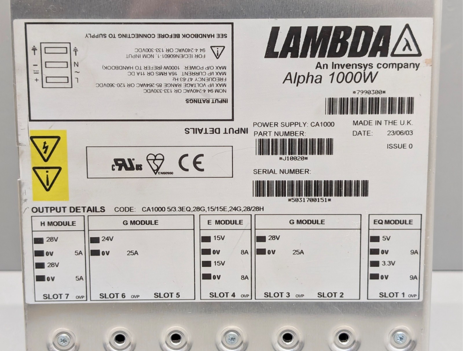 Lambda Alpha 1000W J10020 power supply from Waters Micromass ZQ WARRANTY