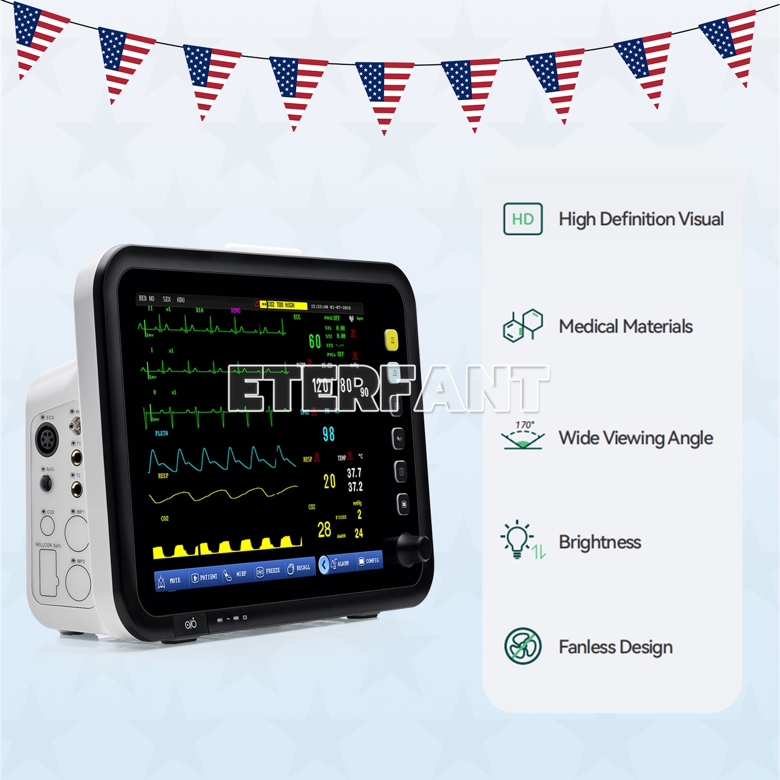 12″ Patient Monitor ICU CCU Vital Signs Monitor ECG, RESP, TEMP, NIBP, SPO2, PR