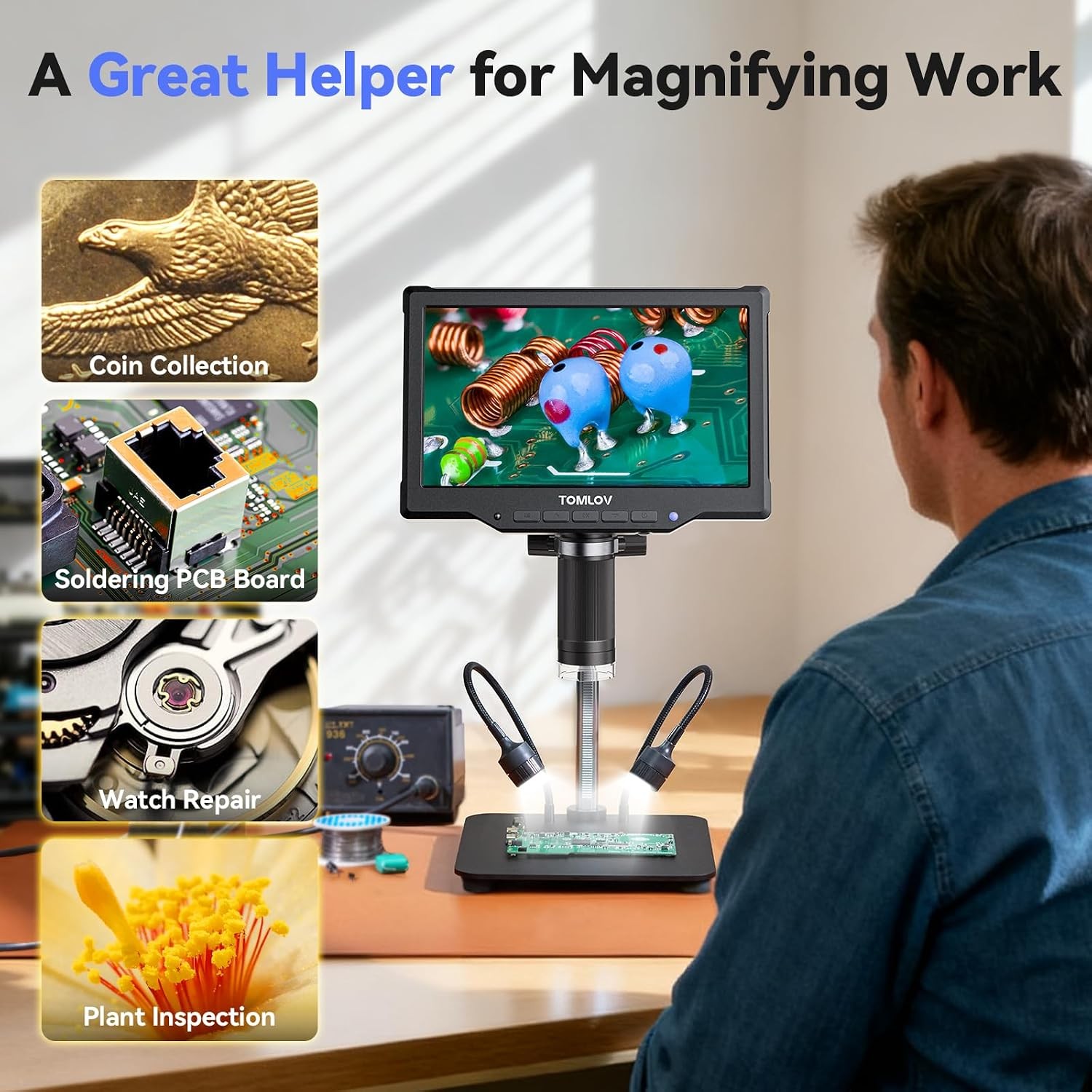 TOMLOV DM9 Pro Digital Microscope 1200X HDMI Magnifier 7″ Coin Microscope Camera