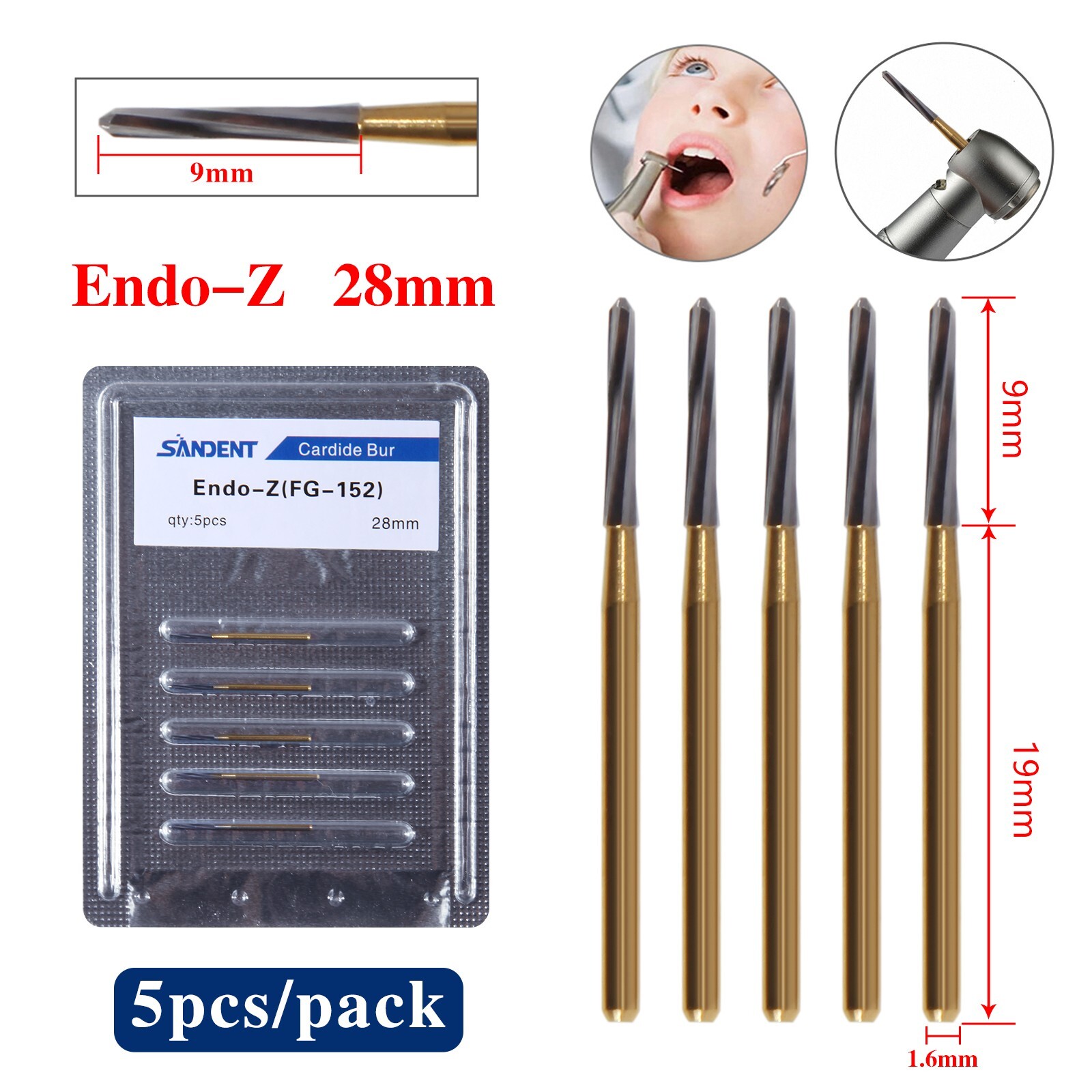 5PCS Dental Endodontic ENDO-Z Tungsten Carbide Burs FG Round Bur High Speed 28mm