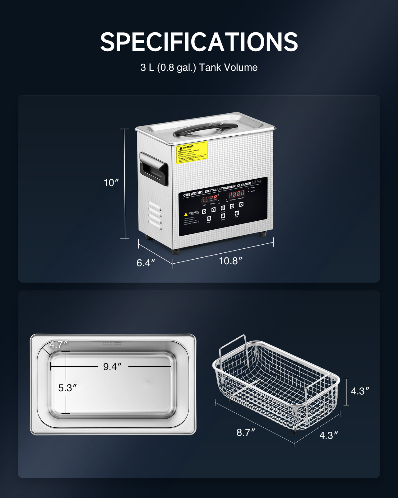 CREWORKS Ultrasonic Cleaner 3L Stainless Steel Industry Heated Heater w/Timer